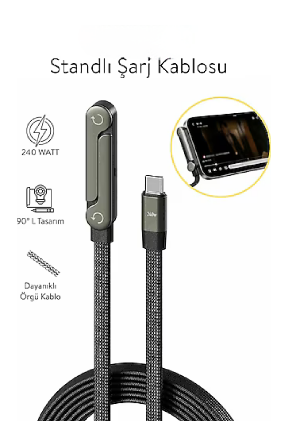 Teknixy™ 180° Dönebilen Kopmaz Type-C Hızlı Şarj Kablosu (240W)