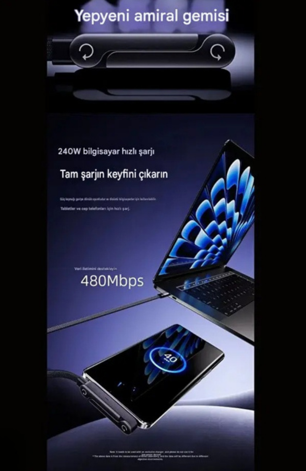 Teknixy™ 180° Dönebilen Kopmaz Type-C Hızlı Şarj Kablosu (240W)