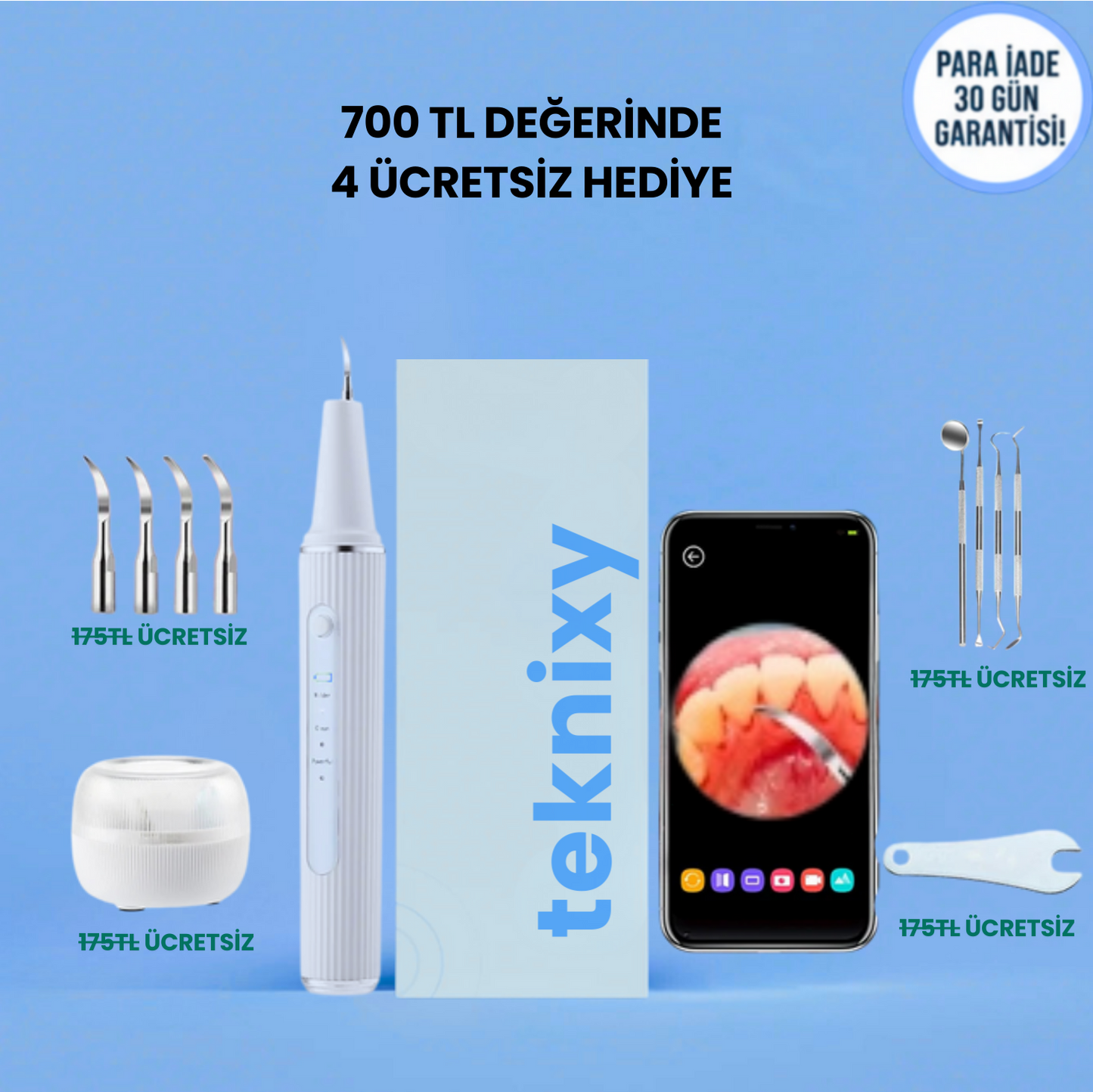 teknixy™ Akıllı Kameralı Ultrasonik Diş Taşı Temizleyici & Leke Giderici (+700 TL Değerinde Set HEDİYE!)